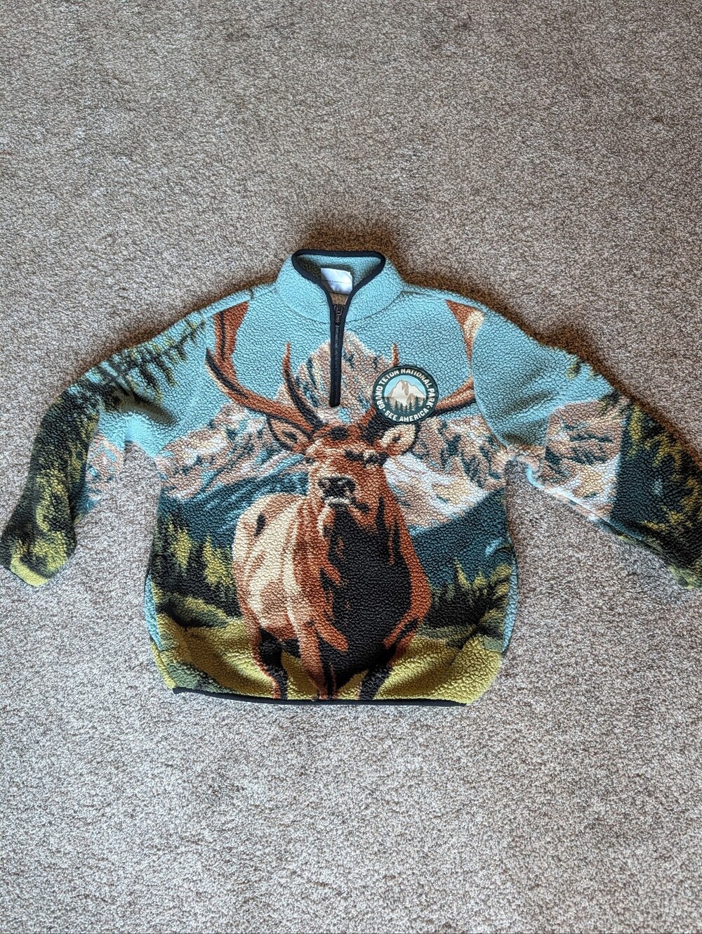 Mountain Elk Printed Half-Zip Fleece Sweater - Blue/Tan